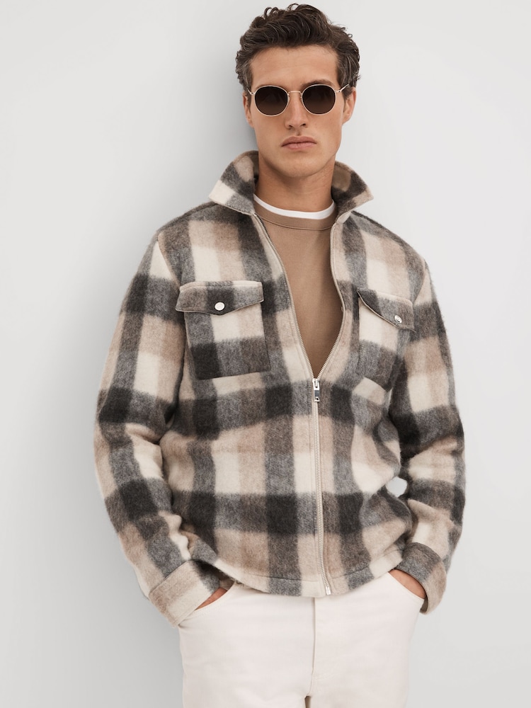 Reiss Oatmeal/Grey Stamford Brushed Check Overshirt - Image 1 of 6