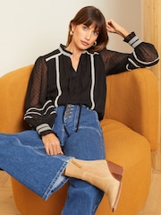 Love & Roses Black V Neck Shirred Cuff Blouse - Image 2 of 4