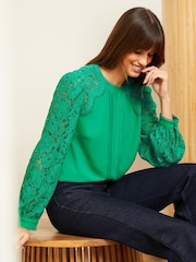 Love & Roses Jade Green Green Tie Back Long Sleeve Lace Blouse - Image 1 of 4