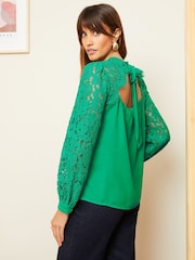 Love & Roses Jade Green Green Tie Back Long Sleeve Lace Blouse - Image 3 of 4