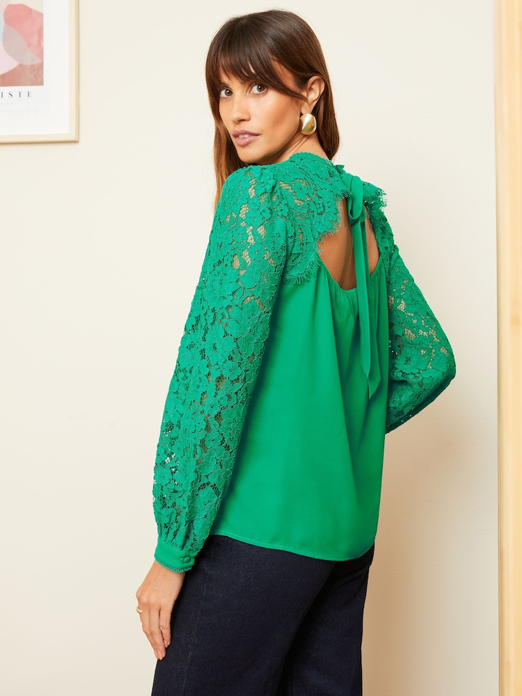 Love & Roses Jade Green Green Tie Back Long Sleeve Lace Blouse - Image 3 of 4