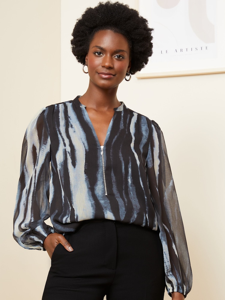 Love & Roses Grey Zip Front Mix Sheer Long Sleeve Blouse - Image 1 of 4 Love & Roses Grey Zip Front Mix Sheer Long Sleeve Blouse - Image 1 of 4