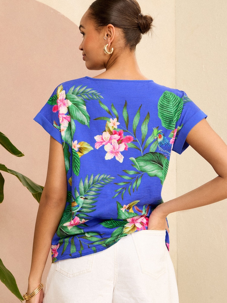 Love & Roses Blue Tropical Print Crew Neck Woven Trim Linen Look Jersey T-Shirt - Image 2 of 4