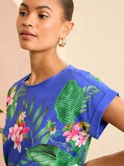 Love & Roses Blue Tropical Print Crew Neck Woven Trim Linen Look Jersey T-Shirt - Image 4 of 4