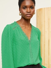 Love & Roses Bright Green V Neck Lace Long Sleeve Lace Trim Dobby Spot Blouse - Image 2 of 4