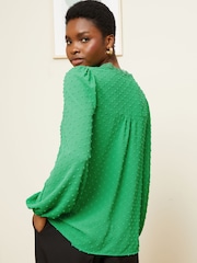 Love & Roses Bright Green V Neck Lace Long Sleeve Lace Trim Dobby Spot Blouse - Image 3 of 4