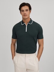 Reiss Dark Green Cannes Cotton Contrast Collar Half-Zip Polo Shirt - Image 1 of 6