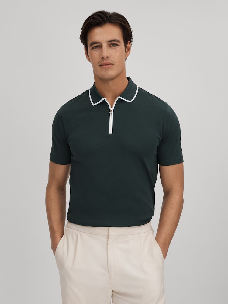 Reiss Dark Green Cannes Cotton Contrast Collar Half-Zip Polo Shirt - Image 1 of 6