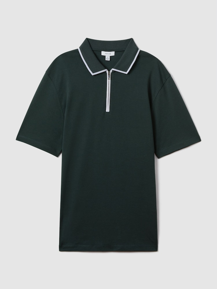 Reiss Dark Green Cannes Cotton Contrast Collar Half-Zip Polo Shirt - Image 2 of 6
