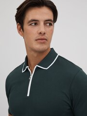 Reiss Dark Green Cannes Cotton Contrast Collar Half-Zip Polo Shirt - Image 4 of 6