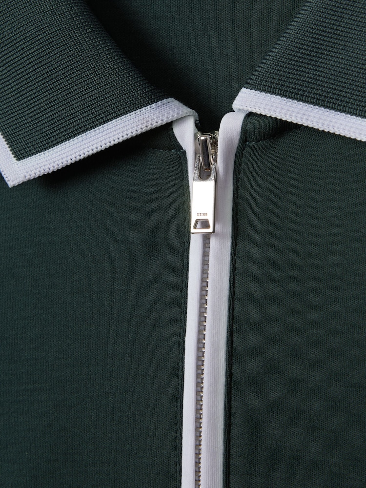 Reiss Dark Green Cannes Cotton Contrast Collar Half-Zip Polo Shirt - Image 6 of 6