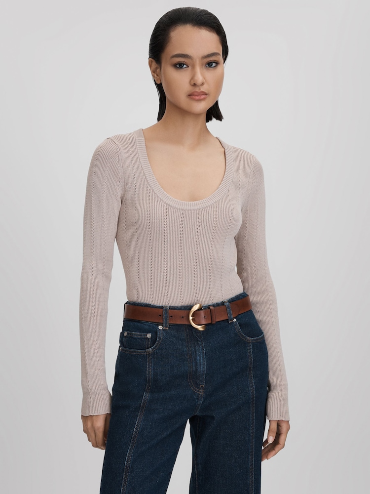 Reiss Neutral Sierra Knitted Scoop Neck Top - Image 1 of 6