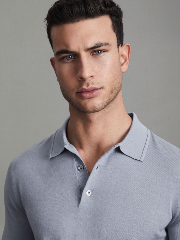 Reiss China Blue Manor Merino Wool Polo Shirt - Image 1 of 5 Reiss China Blue Manor Merino Wool Polo Shirt - Image 1 of 5