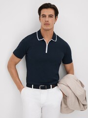 Reiss Navy Cannes Cotton Contrast Collar Half-Zip Polo Shirt - Image 1 of 6