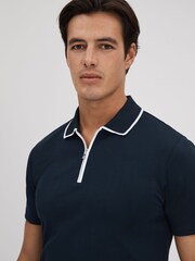 Reiss Navy Cannes Cotton Contrast Collar Half-Zip Polo Shirt - Image 4 of 6