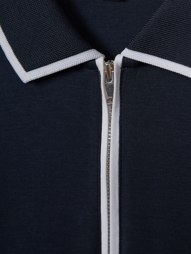 Reiss Navy Cannes Cotton Contrast Collar Half-Zip Polo Shirt - Image 6 of 6