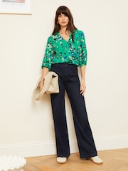 Love & Roses Green Petite Ruffle V Neck 3/4 Sleeve Button Through Blouse - Image 4 of 4