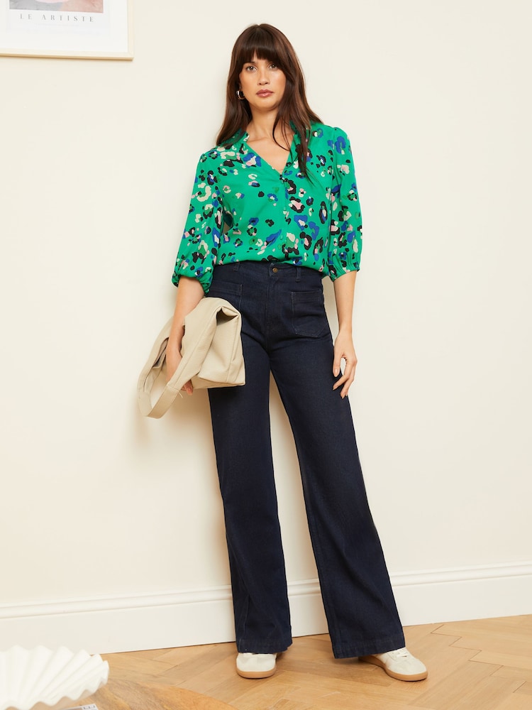 Love & Roses Green Petite Ruffle V Neck 3/4 Sleeve Button Through Blouse - Image 4 of 4