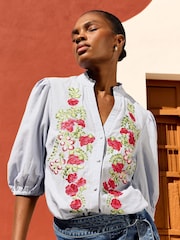 Love & Roses Stripe Embroidery Petite Embroidered V Neck 3/4 Sleeve Blouse - Image 1 of 4