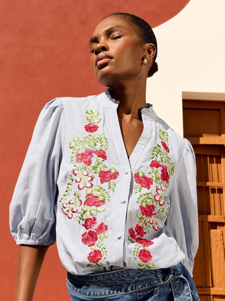 Love & Roses Stripe Embroidery Petite Embroidered V Neck 3/4 Sleeve Blouse - Image 1 of 4