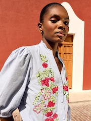 Love & Roses Stripe Embroidery Petite Embroidered V Neck 3/4 Sleeve Blouse - Image 2 of 4