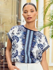 V&A | Love & Roses Blue Paisley Print Satin Front Jersey Back Crew Neck T-Shirt - Image 1 of 4