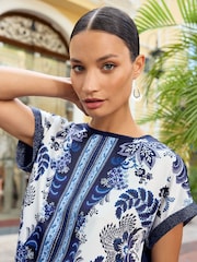 V&A | Love & Roses Blue Paisley Print Satin Front Jersey Back Crew Neck T-Shirt - Image 2 of 4