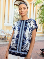 V&A | Love & Roses Blue Paisley Print Satin Front Jersey Back Crew Neck T-Shirt - Image 4 of 4