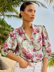 V&A | Love & Roses Green Floral Ruffle V Neck Button Through Blouse - Image 1 of 4