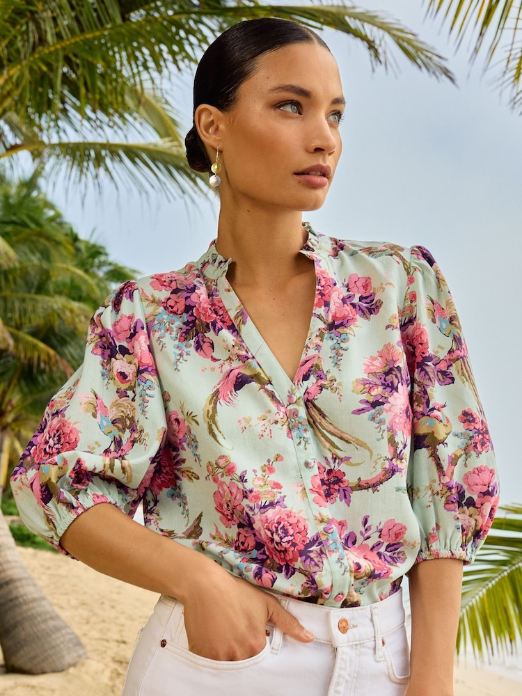 V&A | Love & Roses Green Floral Ruffle V Neck Button Through Blouse - Image 1 of 4