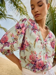 V&A | Love & Roses Green Floral Ruffle V Neck Button Through Blouse - Image 2 of 4