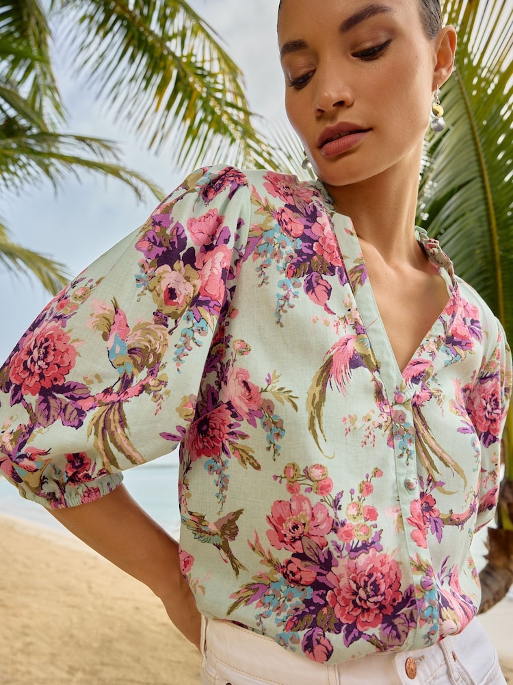 V&A | Love & Roses Green Floral Ruffle V Neck Button Through Blouse - Image 2 of 4
