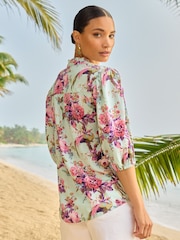 V&A | Love & Roses Green Floral Ruffle V Neck Button Through Blouse - Image 3 of 4