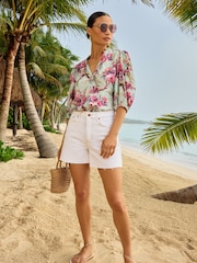 V&A | Love & Roses Green Floral Ruffle V Neck Button Through Blouse - Image 4 of 4
