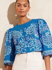 V&A | Love & Roses Blue Paisley Printed Puff Sleeve Crew Neck Top - Image 1 of 4