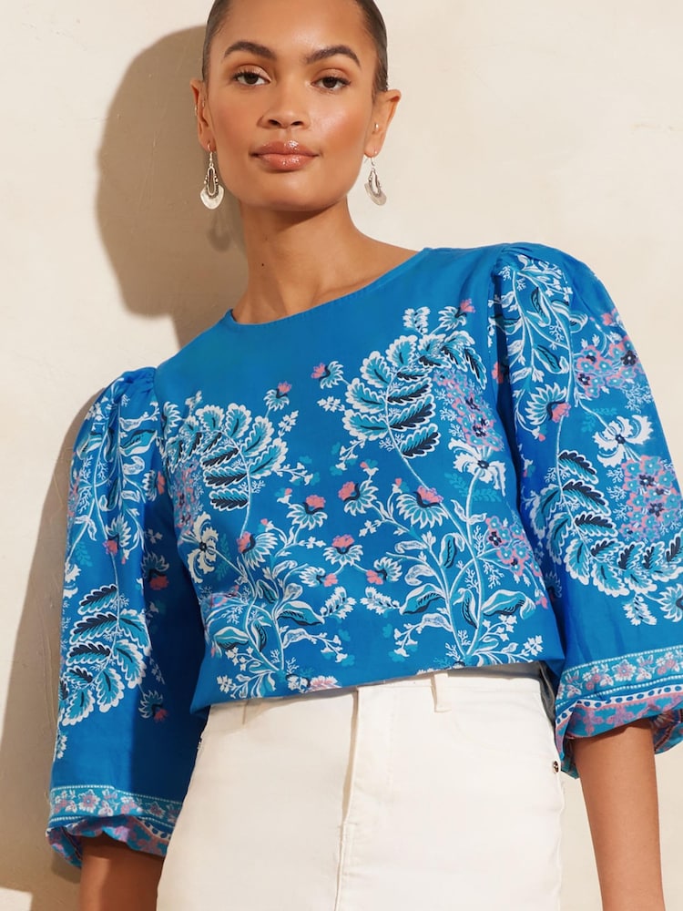 V&A | Love & Roses Blue Paisley Printed Puff Sleeve Crew Neck Top - Image 1 of 4