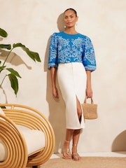 V&A | Love & Roses Blue Paisley Printed Puff Sleeve Crew Neck Top - Image 4 of 4