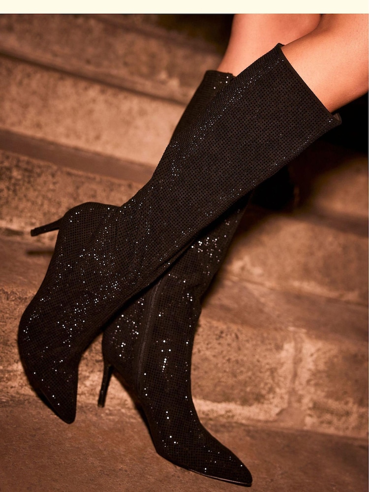 Mint Velvet Black Knee High Sparkle Boots - Image 3 of 3