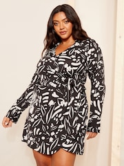 Curves Like These Black/White Floral Long Sleeve Wrap Mini Dress - Image 1 of 4