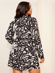 Curves Like These Black/White Floral Long Sleeve Wrap Mini Dress - Image 4 of 4