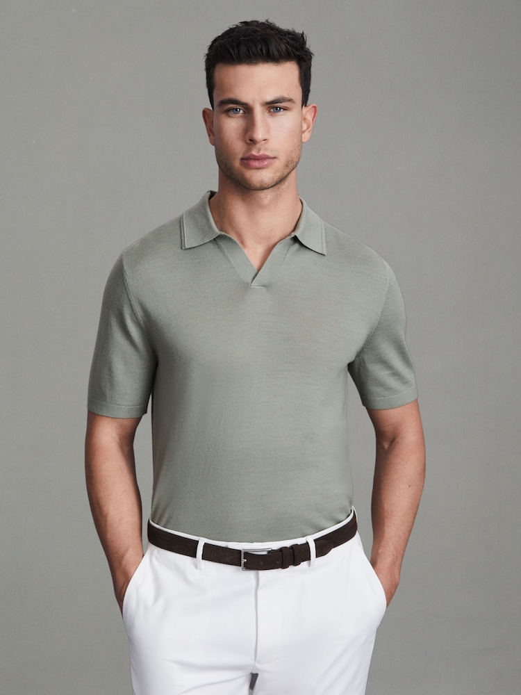 Reiss Pistachio Duchie Merino Wool Open Collar Polo Shirt - Image 1 of 4