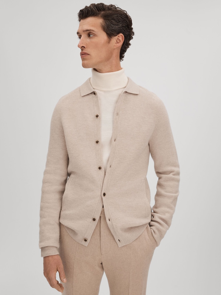 Reiss Oatmeal Melange Kiedler Ribbed Wool Cardigan - Image 1 of 6 Reiss Oatmeal Melange Kiedler Ribbed Wool Cardigan - Image 1 of 6
