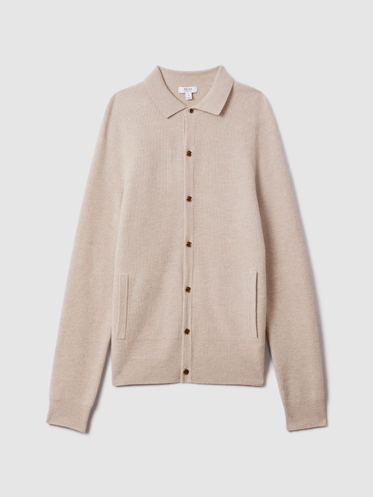 Reiss Oatmeal Melange Kiedler Ribbed Wool Cardigan - Image 2 of 6