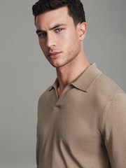 Reiss Camel Duchie Merino Wool Open Collar Polo Shirt - Image 4 of 5