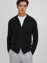 Reiss Black Kiedler Ribbed Wool Cardigan - Image 1 of 6