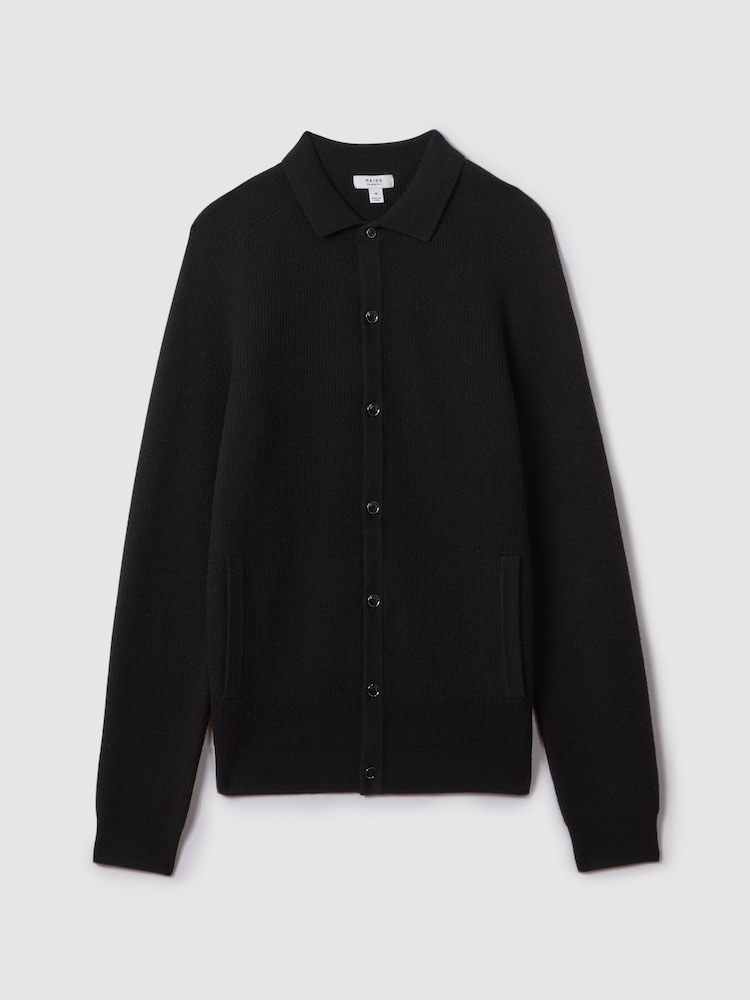 Reiss Black Kiedler Ribbed Wool Cardigan - Image 2 of 6 Reiss Black Kiedler Ribbed Wool Cardigan - Image 2 of 6