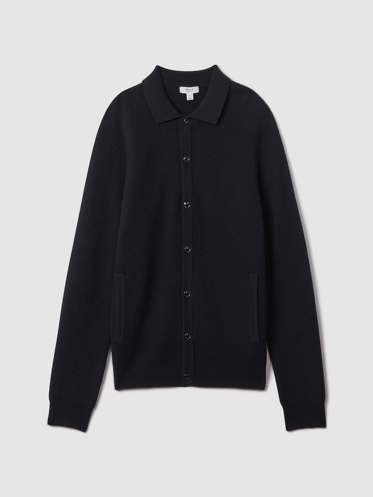 Reiss Navy Kiedler Ribbed Wool Cardigan - Image 2 of 6