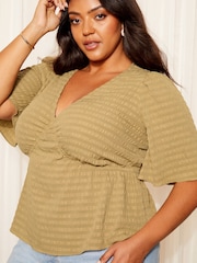 Curves Like These Khaki Green Crinkle Underbust Flutter Sleeve Peplum Blouse - Image 1 of 4
