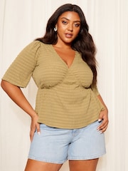 Curves Like These Khaki Green Crinkle Underbust Flutter Sleeve Peplum Blouse - Image 2 of 4