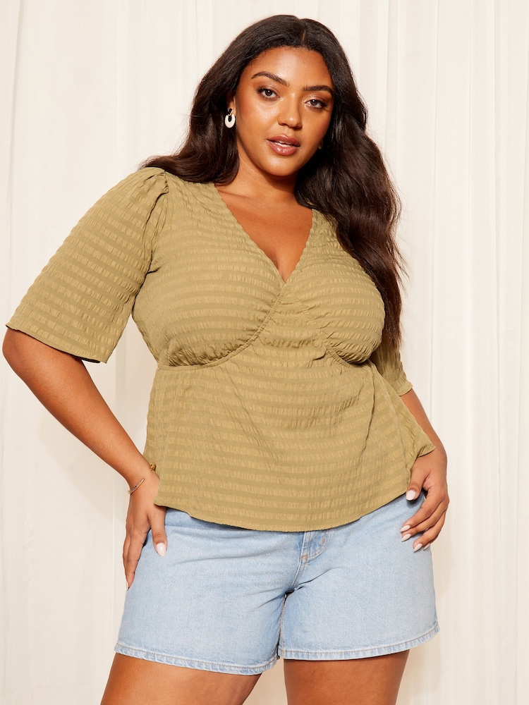 Curves Like These Khaki Green Crinkle Underbust Flutter Sleeve Peplum Blouse - Image 2 of 4